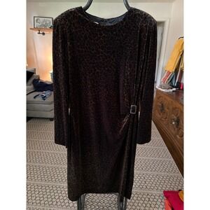 David Warren Vintage Leopard Velvet Sheath Dress Brown Long Sleeve Side Buckle